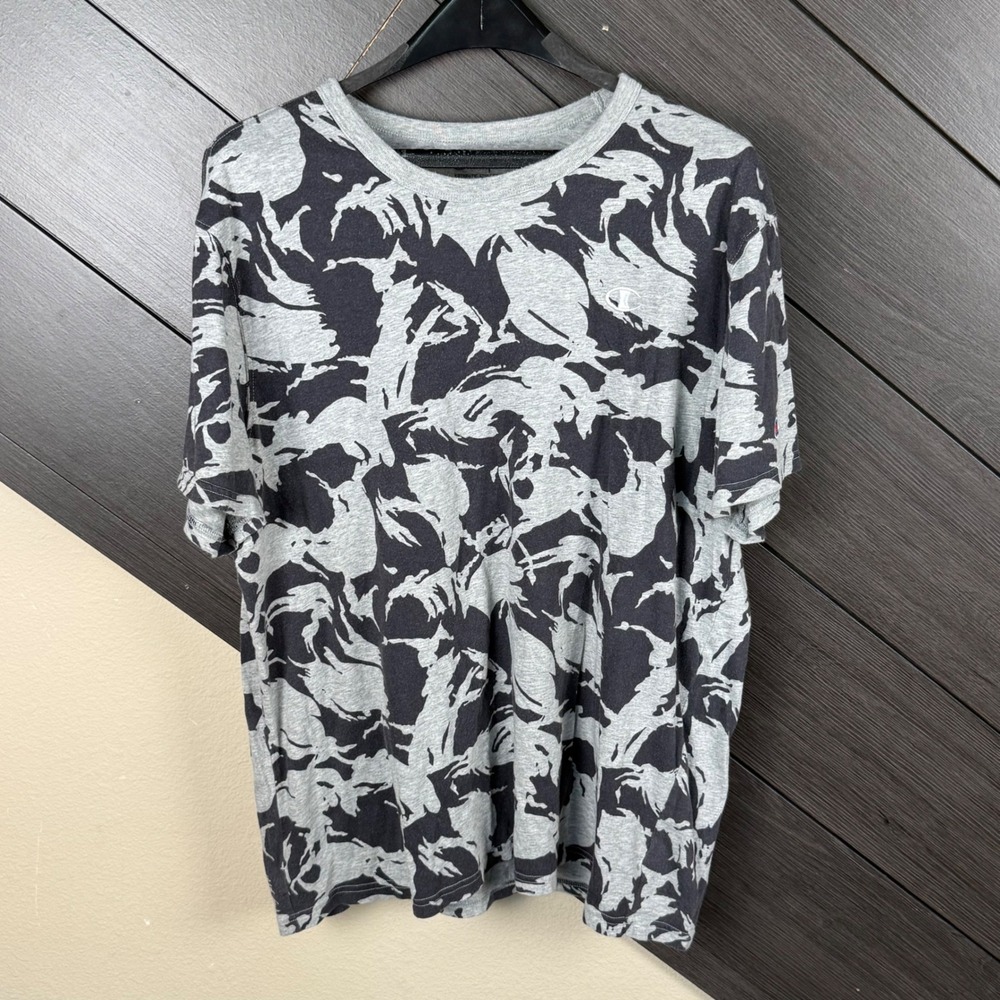 Champion Men's XL Gray Black All Over Print Camo Abstract T Shirt Streetwear